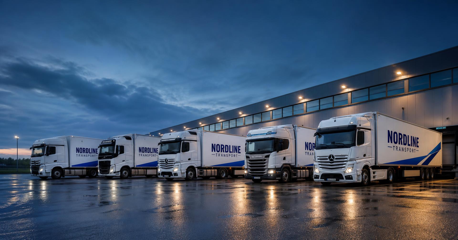 Nordline Transport-flåde parkeret ved logistikcenter i blå time