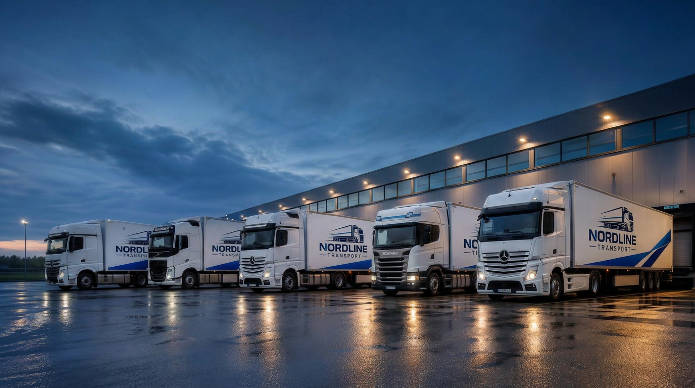 Nordline Transport-flåde parkeret ved logistikcenter i blå time